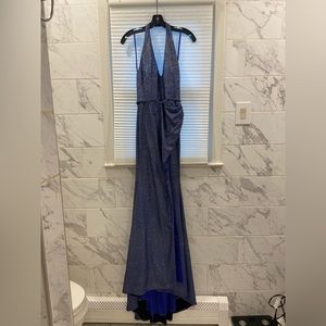 Glittery navy blue halter dress with high slit